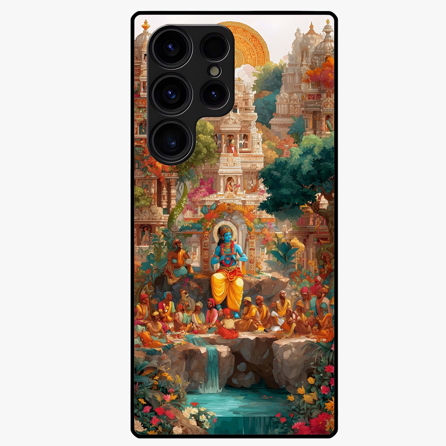 Sacred Sunlight Gods Glass Case showing flat back view with divine sunlight themed artwork and glossy glass finish.
