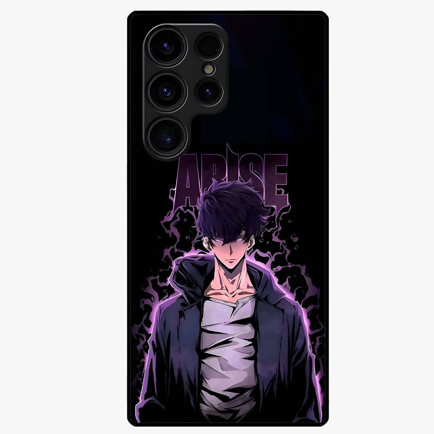 Shadow Monarch Awakening Glass Case showing flat back view with powerful dark monarch themed artwork and glossy glass finish.