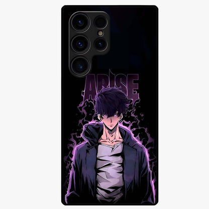 Shadow Monarch Awakening Glass Case showing flat back view with powerful dark monarch themed artwork and glossy glass finish.