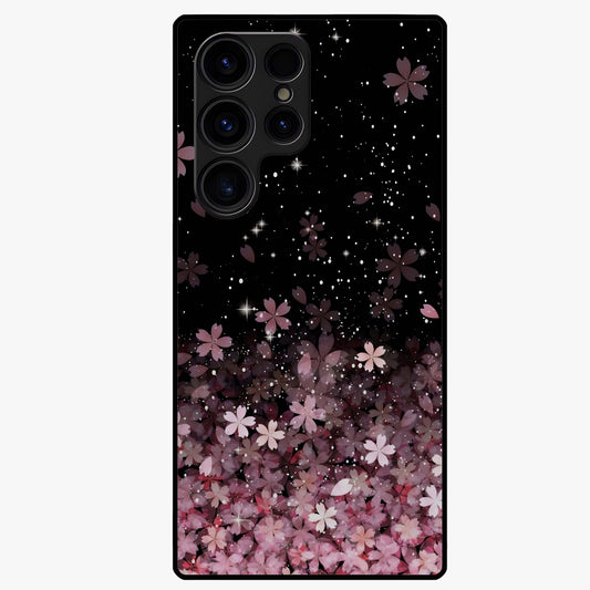 Small Starry Flowers Glass Case showing flat back view with delicate starry floral artwork and glossy glass finish.