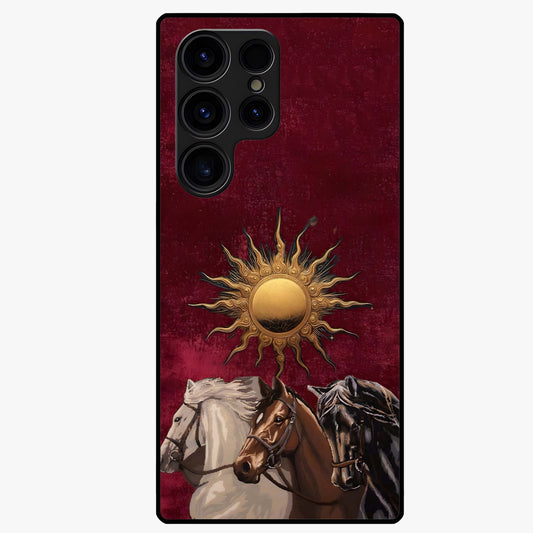 Solar Riders Glass Case showing flat back view with dynamic rider themed artwork and glossy glass finish.
