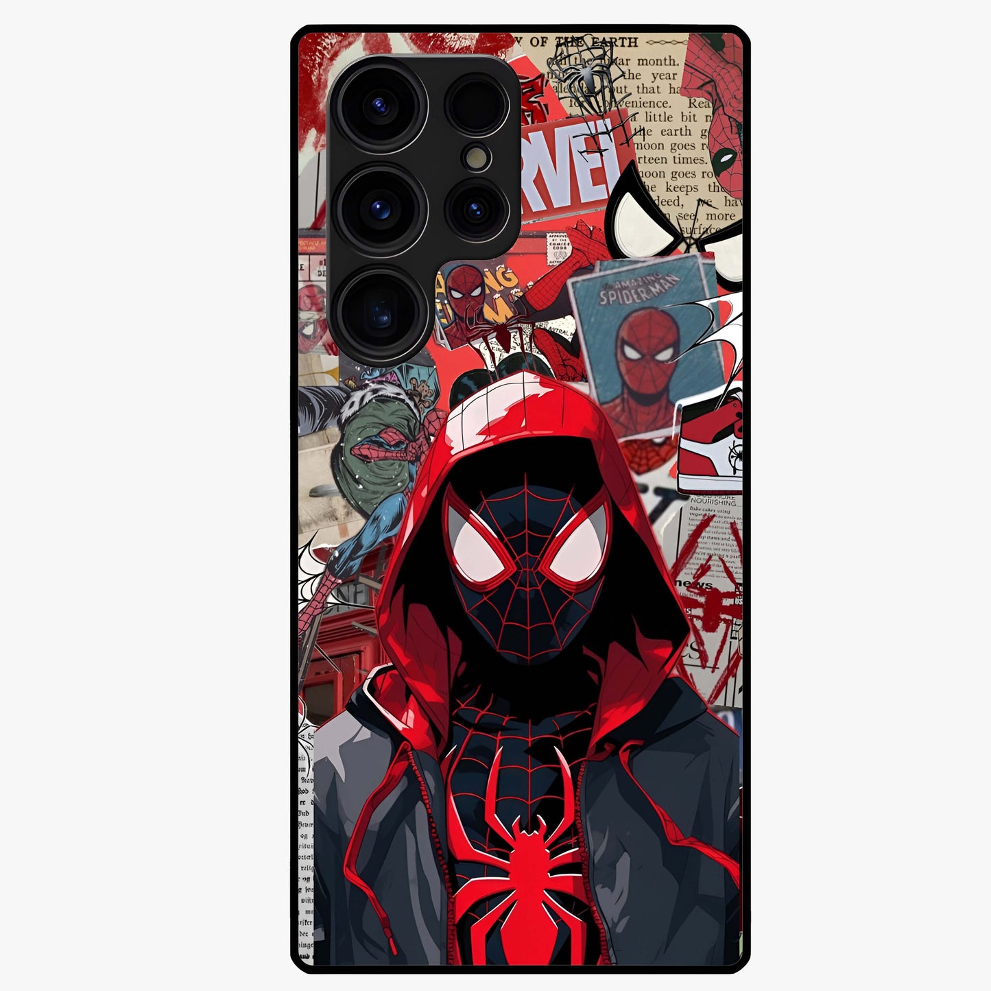 Spider Collage Street Glass Case showing flat back view with vibrant superhero collage artwork and glossy glass finish.