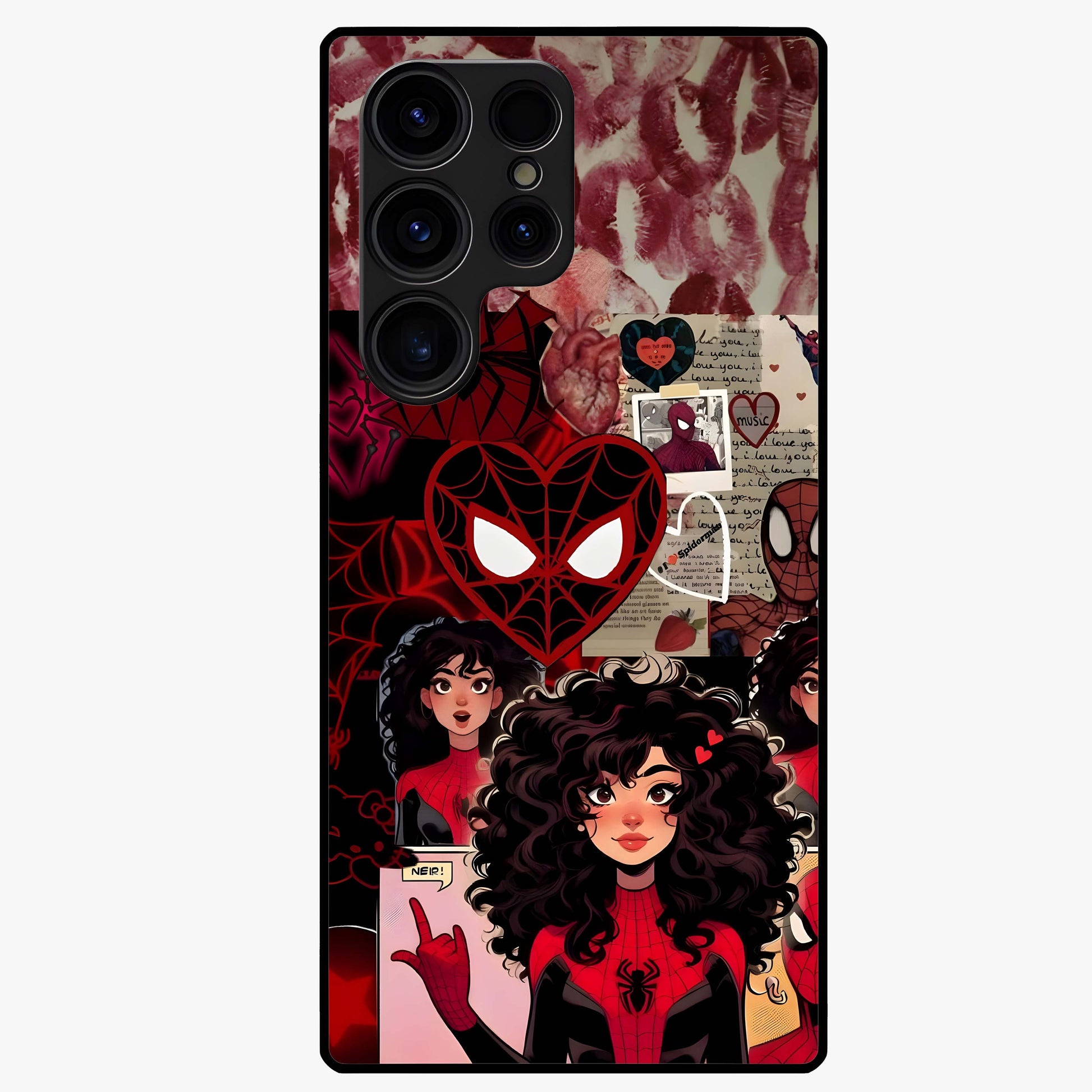 Spider Love Story Glass Case showing flat back view with romantic superhero themed artwork and glossy glass finish.