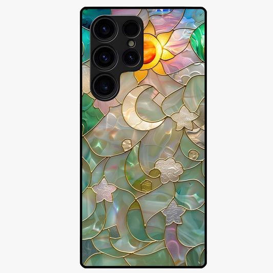 Stained Sunrise Glow Glass Case showing flat back view with glowing sunrise stained pattern artwork and glossy glass finish.