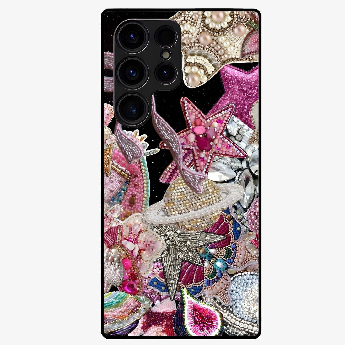 Starlit Jewel Dream Glass Case showing flat back view with sparkling jewel and star themed artwork and glossy glass finish.