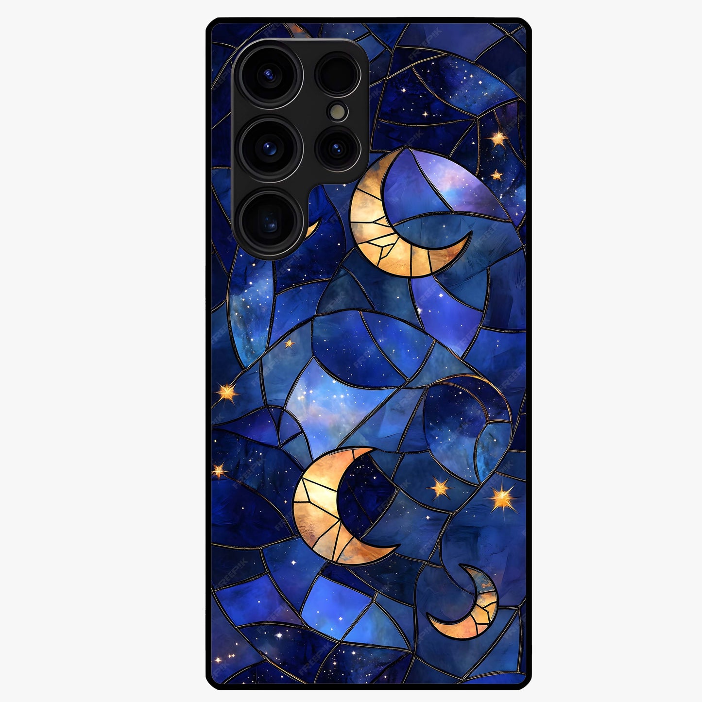 Starlit Sky Tapestry Glass Case showing flat back view with decorative starry sky tapestry artwork and glossy glass finish.