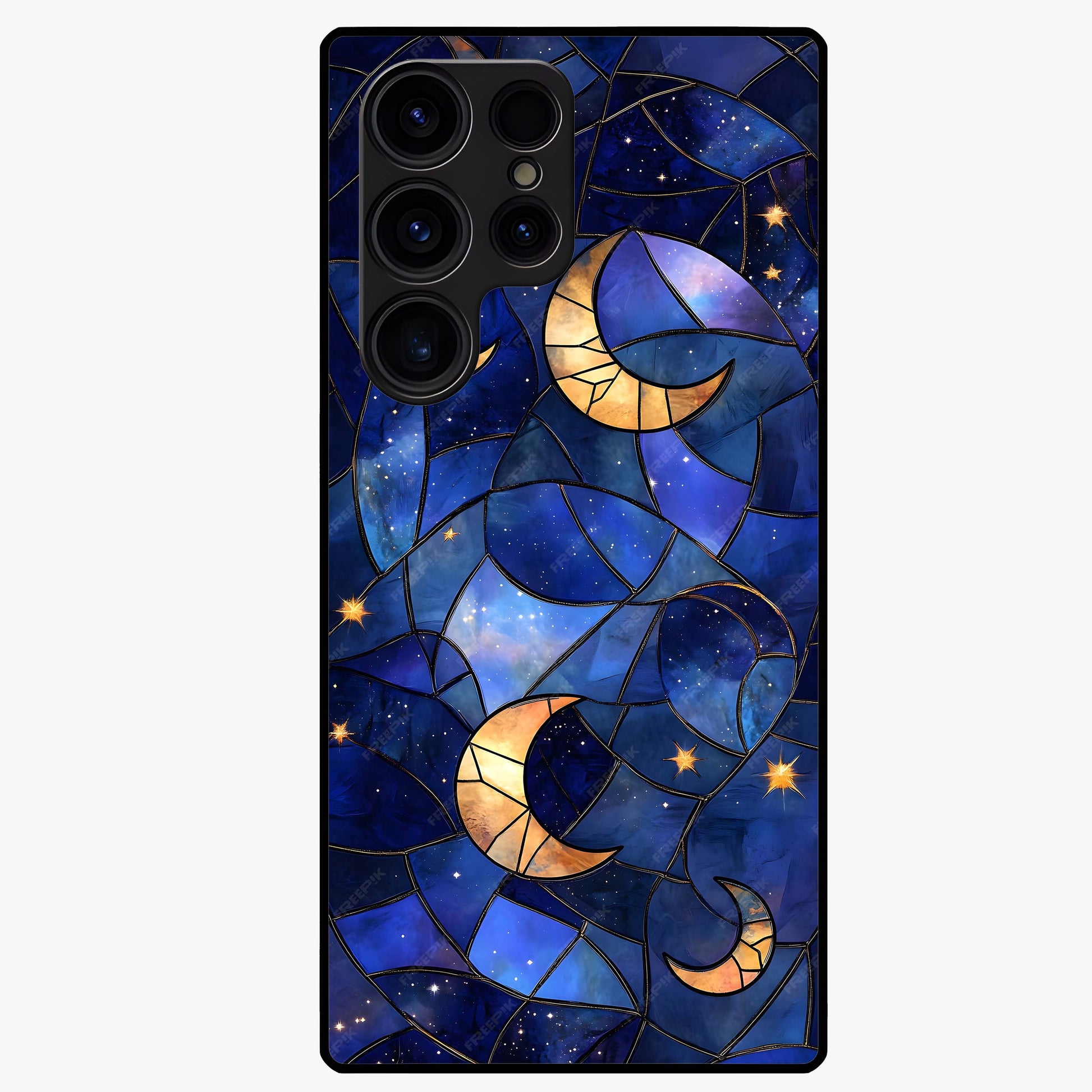 Starlit Sky Tapestry Glass Case showing flat back view with decorative starry sky tapestry artwork and glossy glass finish.