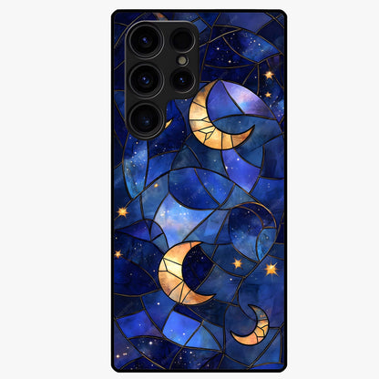 Starlit Sky Tapestry Glass Case showing flat back view with decorative starry sky tapestry artwork and glossy glass finish.