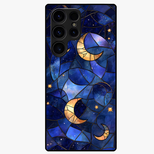 Starlit Sky Tapestry Glass Case showing flat back view with decorative starry sky tapestry artwork and glossy glass finish.