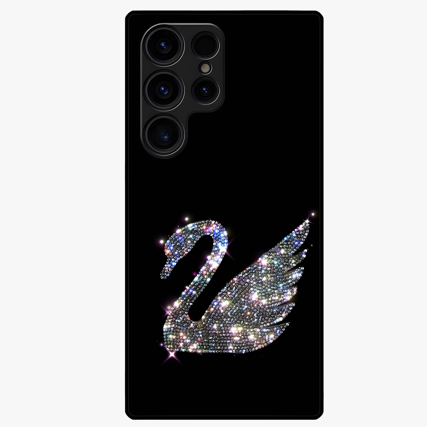 Starlit Swan Grace Glass Case showing flat back view with graceful swan artwork under starry sky and glossy glass finish.
