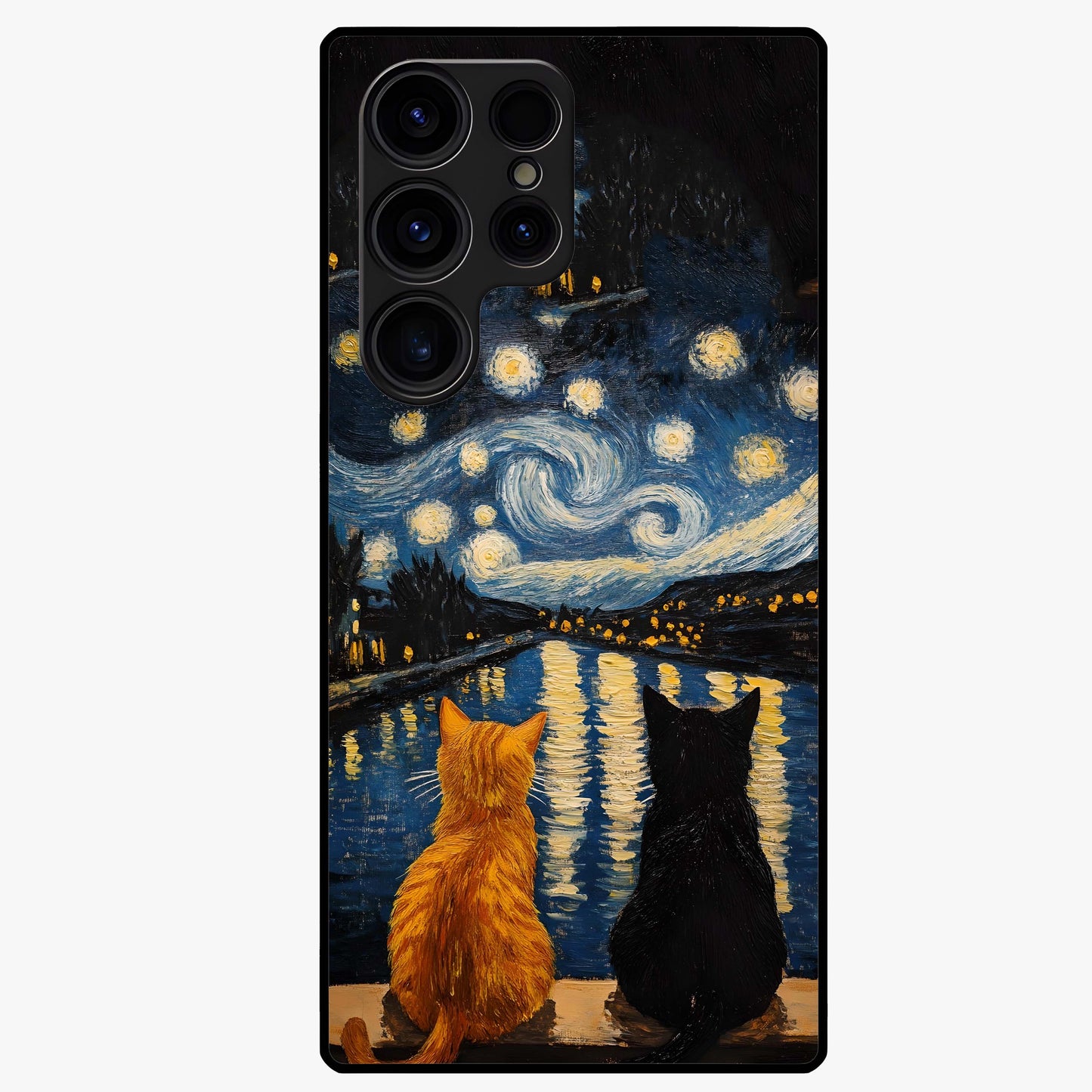 Starry River Cats Glass Case showing flat back view with cats by a starry river artwork and glossy glass finish.