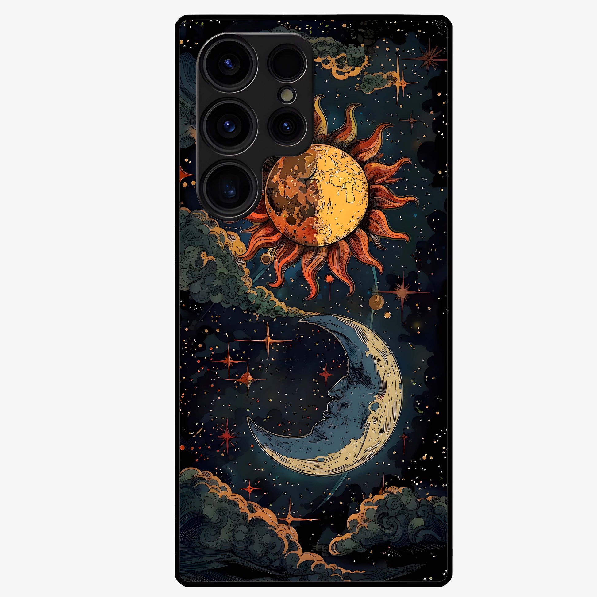 Sun And Moon Magic Design Glass Case showing flat back view with mystical sun and moon artwork and glossy glass finish.