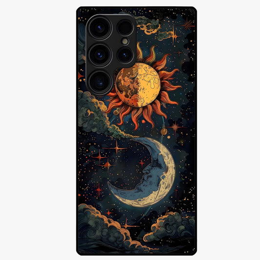 Sun And Moon Magic Design Glass Case showing flat back view with mystical sun and moon artwork and glossy glass finish.