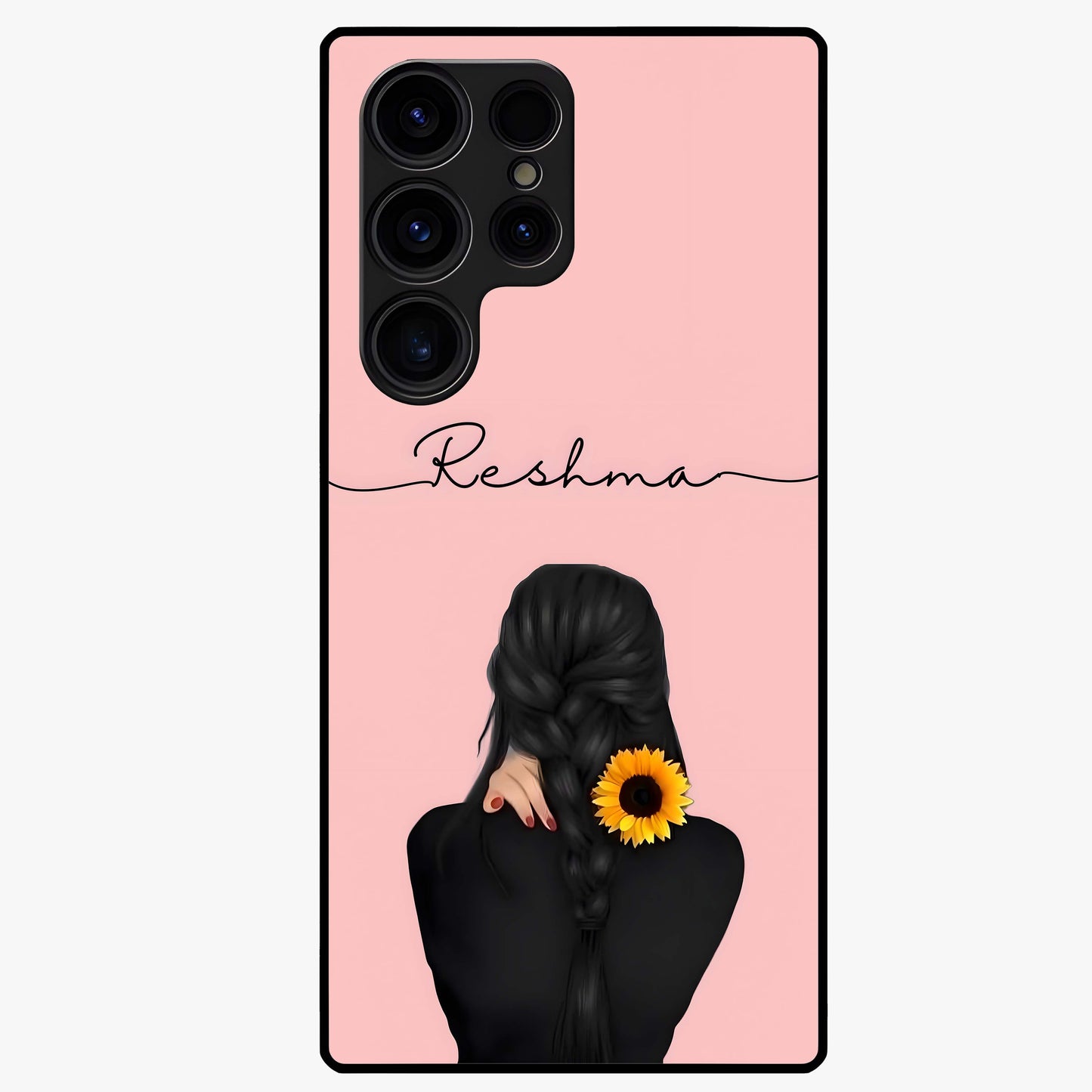 Sunflower Braid Beauty With Custom Name Glass Case showing flat back view with sunflower braid artwork and personalized name design.