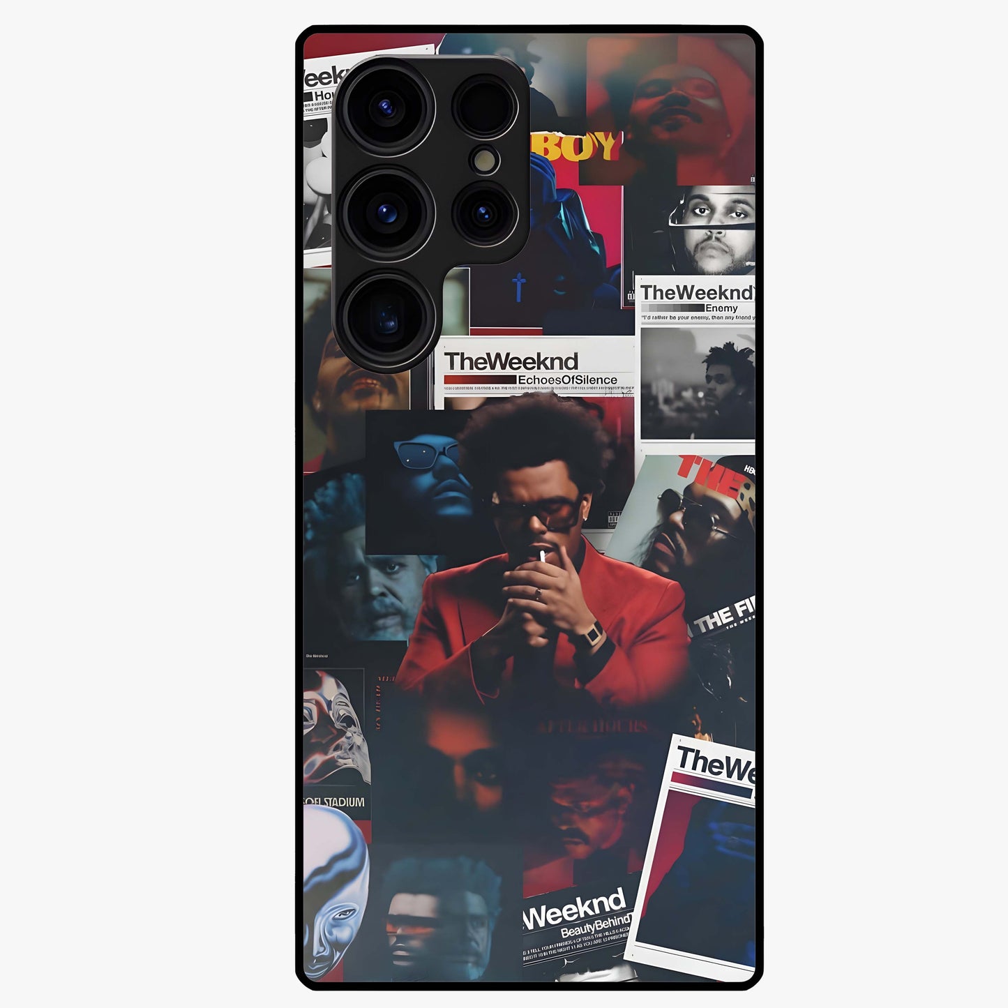 The Weeknd Glass Case showing flat back view with music inspired artistic portrait artwork and glossy glass finish.