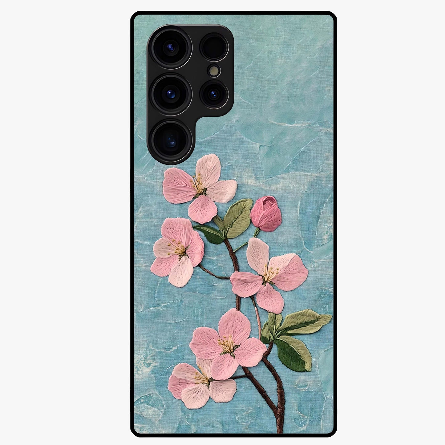 Threaded Blossom Breeze Glass Case showing flat back view with delicate blossom artwork and glossy glass finish.
