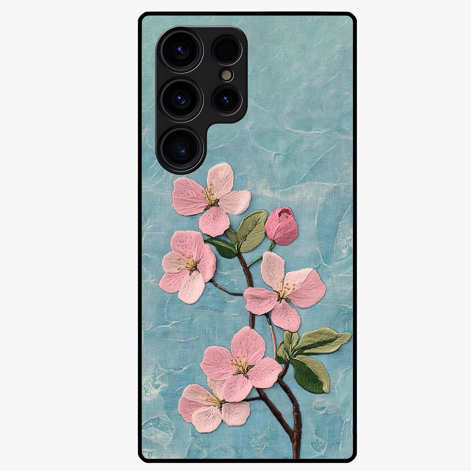 Threaded Blossom Breeze Glass Case showing flat back view with delicate blossom artwork and glossy glass finish.