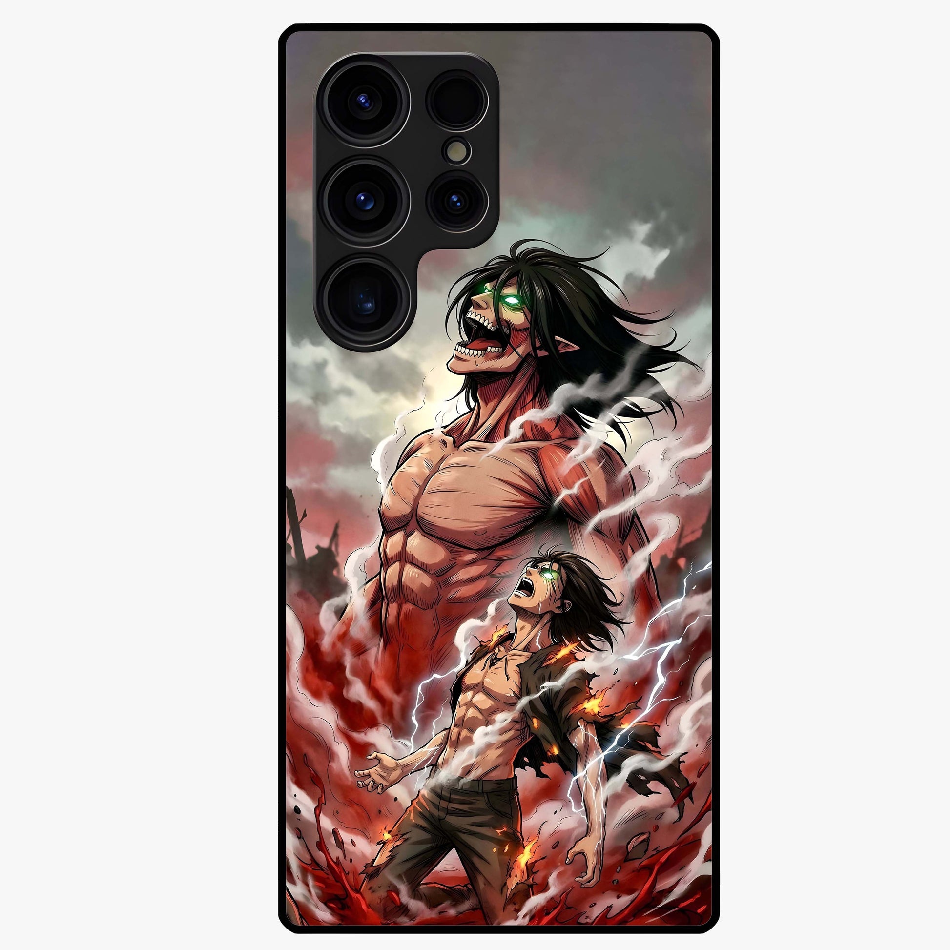 Titan Awakening Fury Glass Case showing flat back view with powerful titan inspired artwork and glossy glass finish.