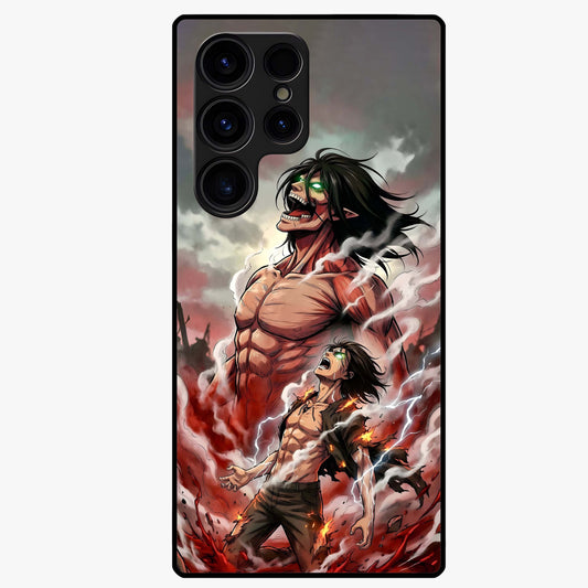 Titan Awakening Fury Glass Case showing flat back view with powerful titan inspired artwork and glossy glass finish.