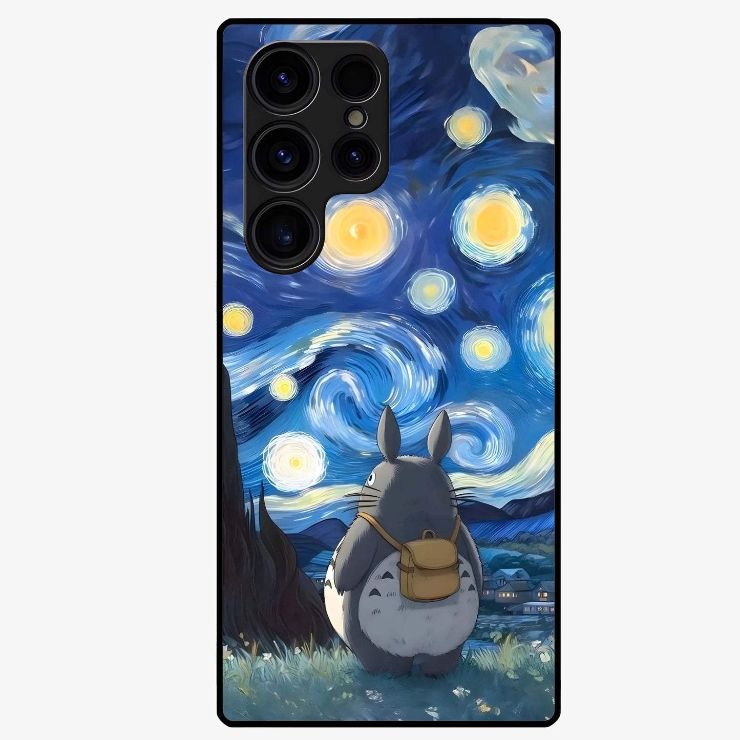 Totoro In Van Gogh Art Glass Case showing flat back view with whimsical character artwork inspired by Van Gogh style and glossy glass finish.
