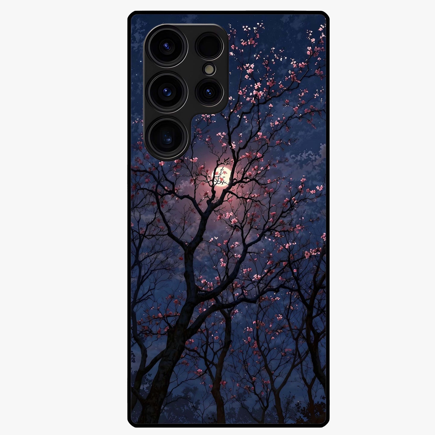 Twilight Sakura Serenade Glass Case showing flat back view with cherry blossom artwork at twilight and glossy glass finish.