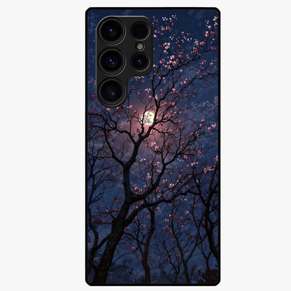 Twilight Sakura Serenade Glass Case showing flat back view with cherry blossom artwork at twilight and glossy glass finish.