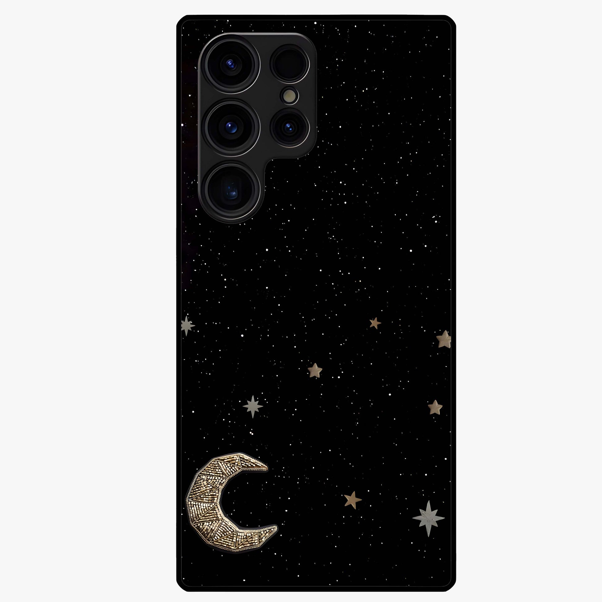 Twinkle Star With Half Moon Glass Case showing flat back view with star and half moon artwork and glossy glass finish.