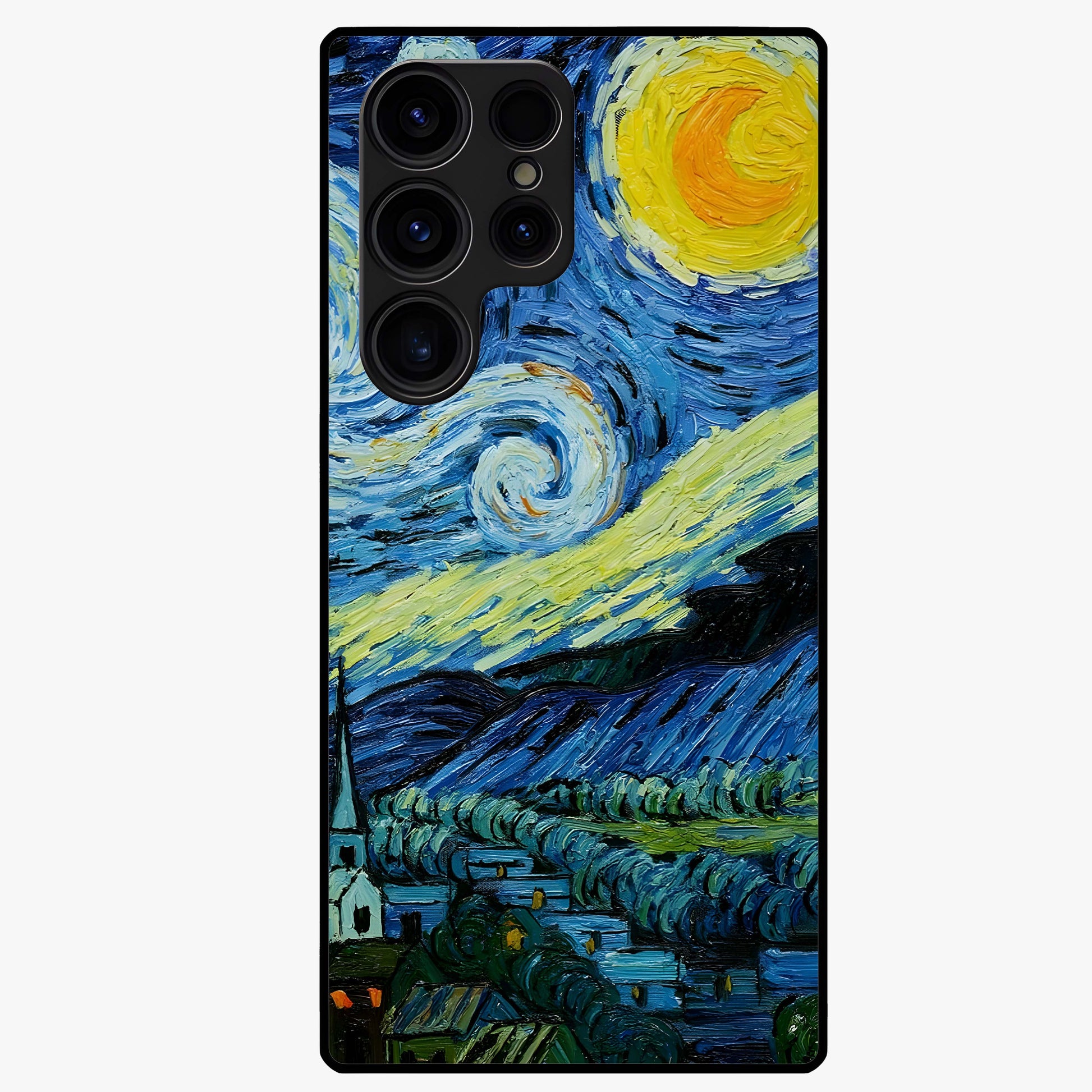 Van Gogh Art Glass Case showing flat back view with classic painterly artwork inspired by Van Gogh style and glossy glass finish.