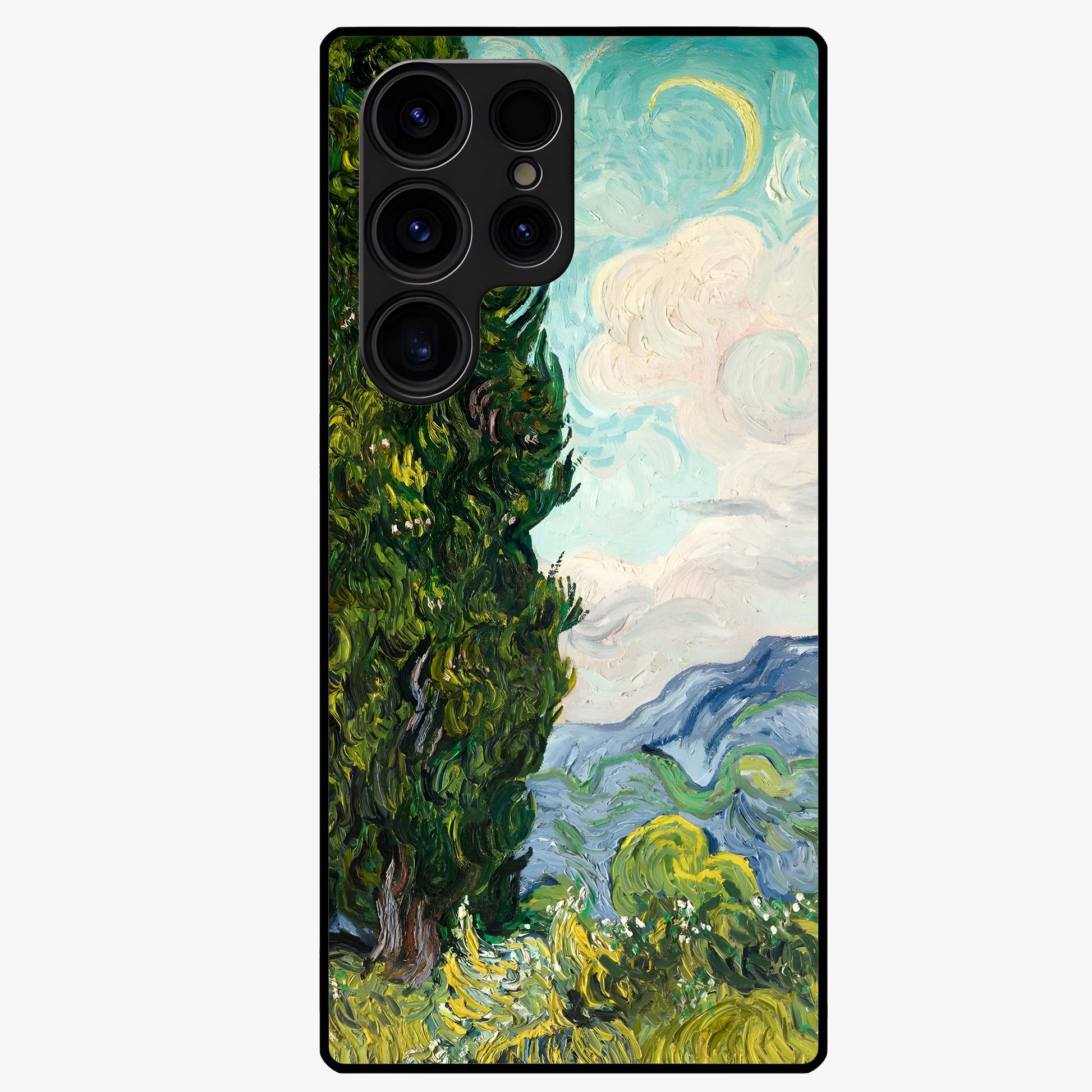 Van Gogh Vintage Art Glass Case showing flat back view with vintage painterly artwork inspired by Van Gogh style and glossy glass finish.