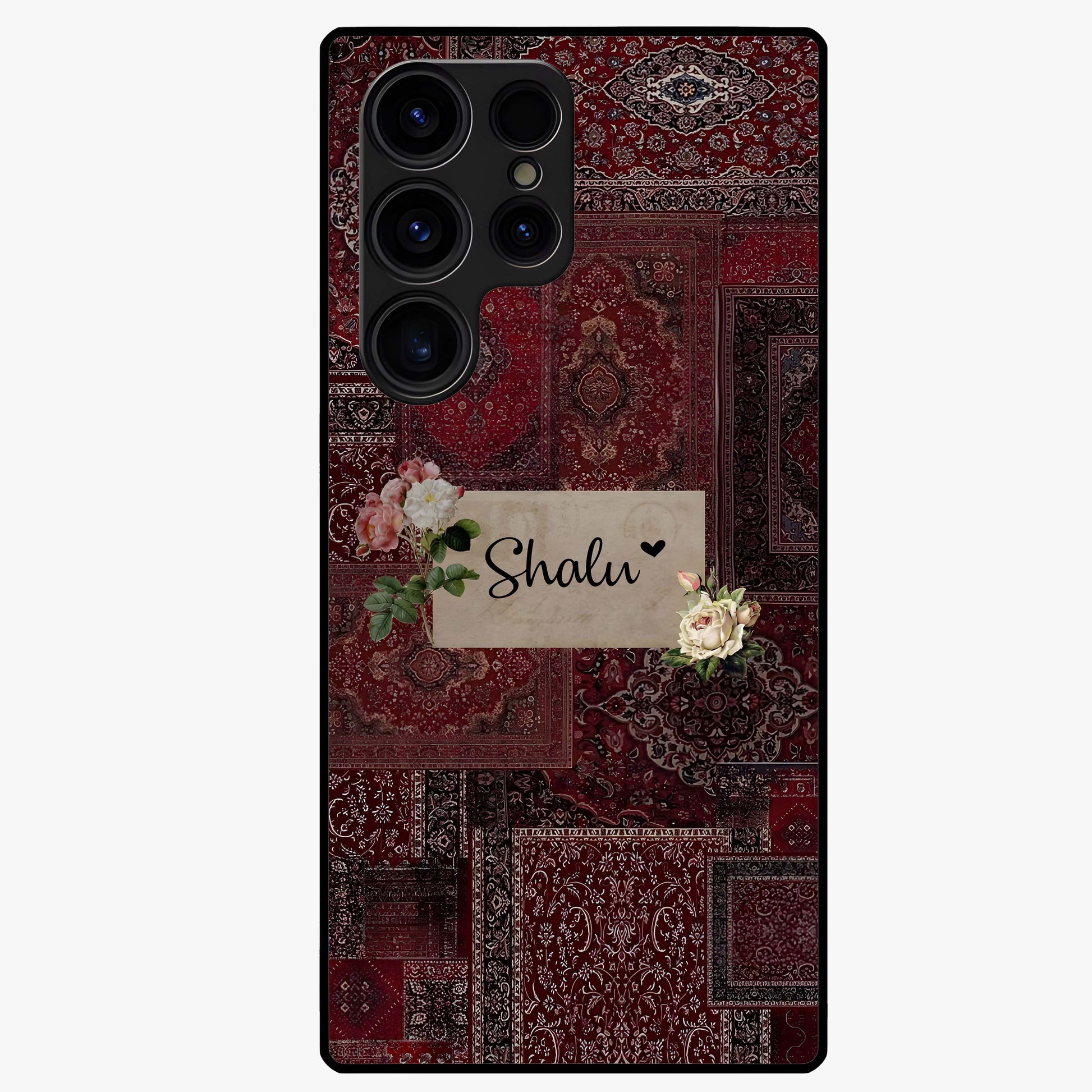 Velvet Wine Pattern Custom Name Glass Case showing flat back view with elegant wine colored pattern artwork and personalized name design.