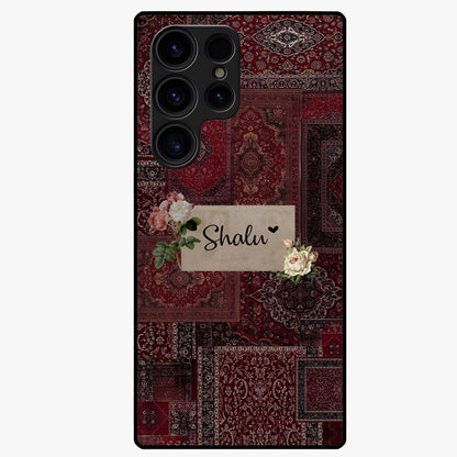 Velvet Wine Pattern Custom Name Glass Case showing flat back view with elegant wine colored pattern artwork and personalized name design.