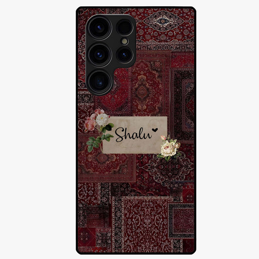 Velvet Wine Pattern Custom Name Glass Case showing flat back view with elegant wine colored pattern artwork and personalized name design.