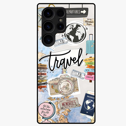 Wanderlust Journal Glass Case showing flat back view with travel inspired artwork and glossy glass finish.