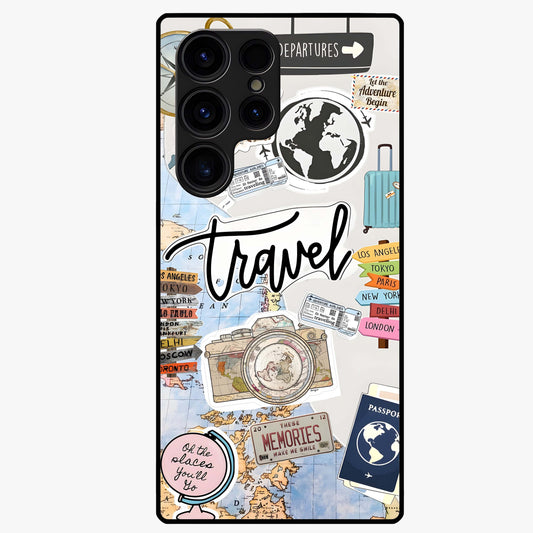 Wanderlust Journal Glass Case showing flat back view with travel inspired artwork and glossy glass finish.