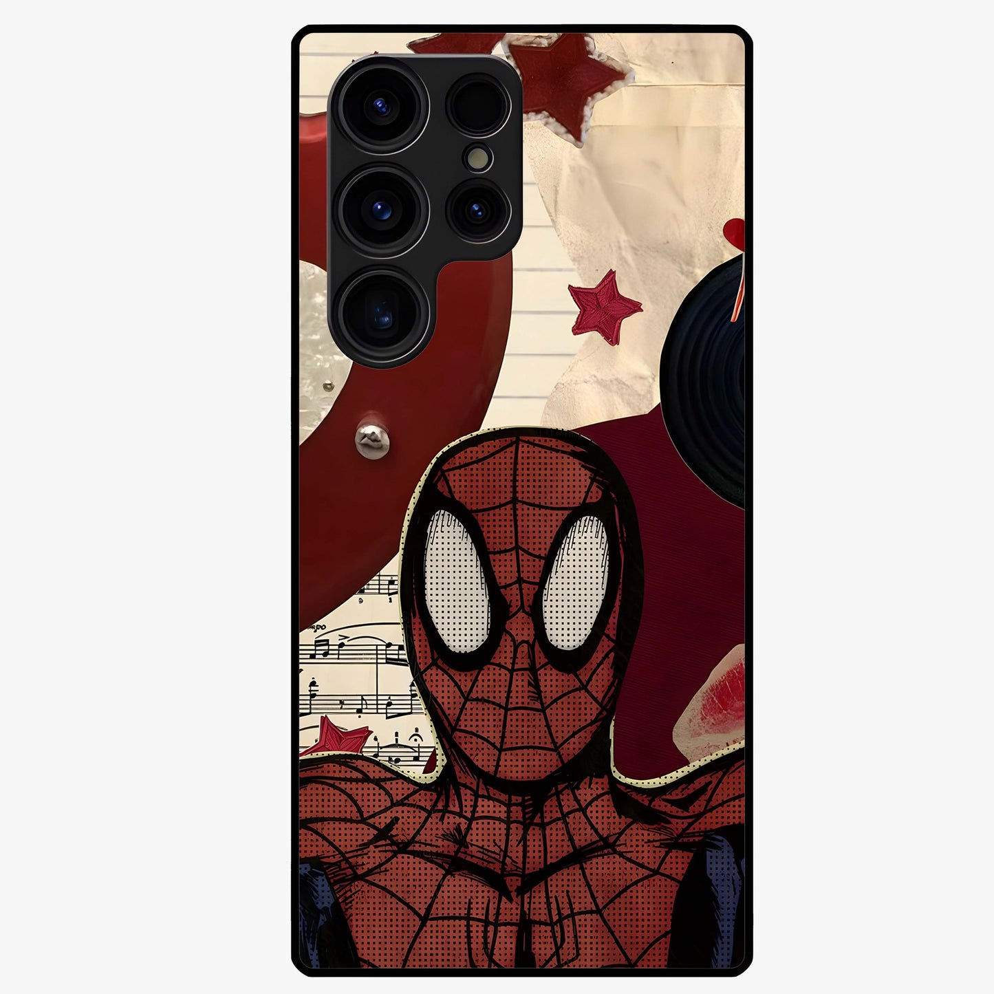 Web Warrior Vibes Glass Case showing flat back view with superhero inspired web themed artwork and glossy glass finish.