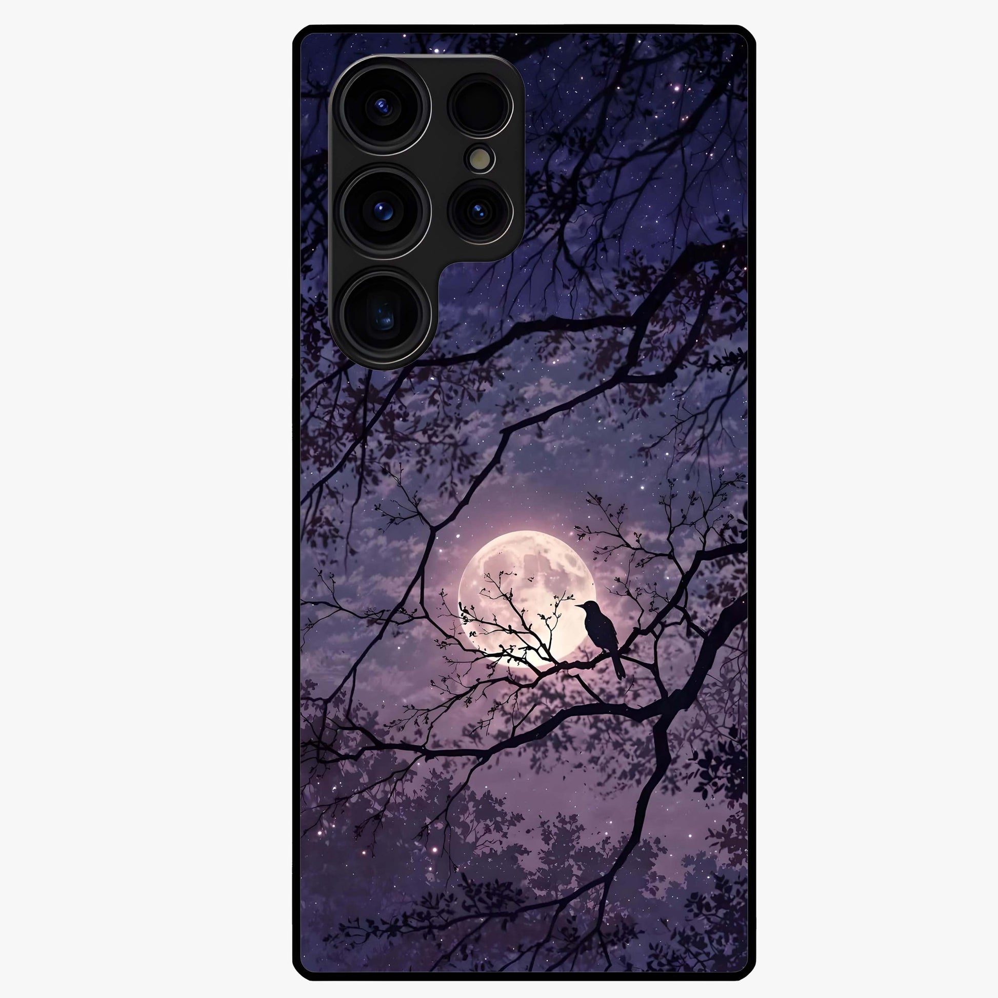 Whispering Moon Silence Glass Case showing flat back view with serene moon themed artwork and glossy glass finish.
