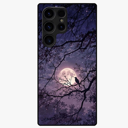 Whispering Moon Silence Glass Case showing flat back view with serene moon themed artwork and glossy glass finish.