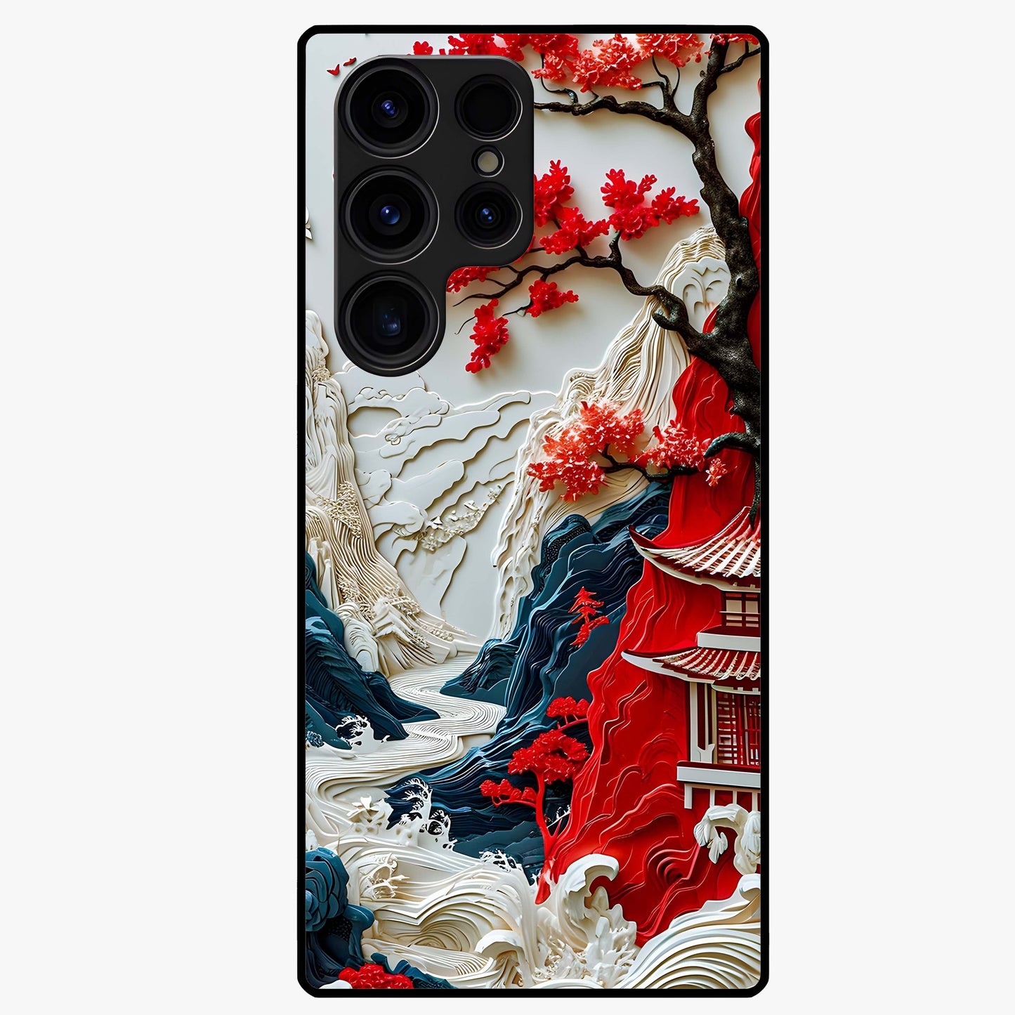 Whispers Of Sakura Waves Glass Case showing flat back view with cherry blossom wave artwork and glossy glass finish.