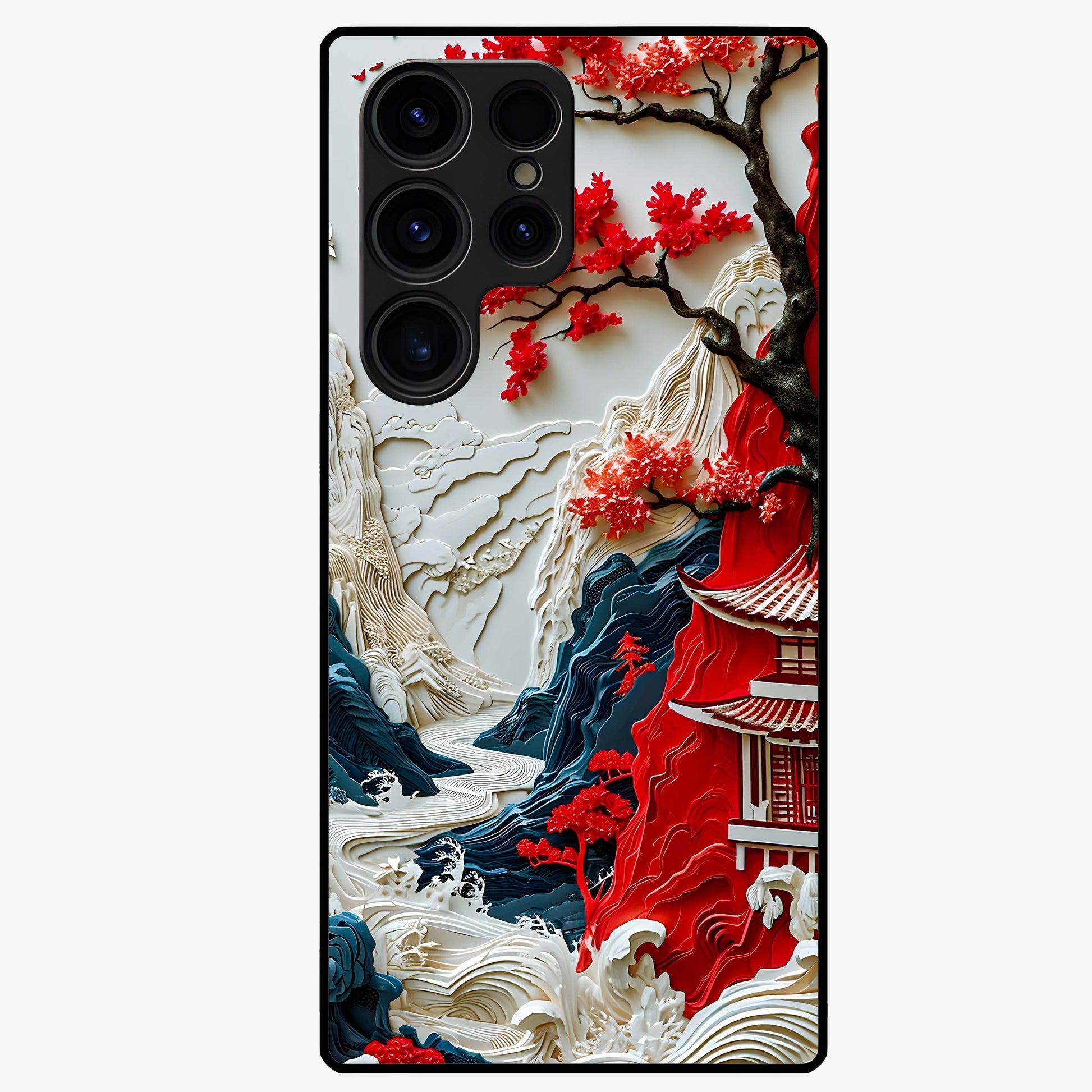 Whispers Of Sakura Waves Glass Case showing flat back view with cherry blossom wave artwork and glossy glass finish.