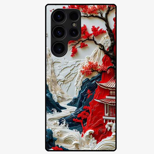 Whispers Of Sakura Waves Glass Case showing flat back view with cherry blossom wave artwork and glossy glass finish.