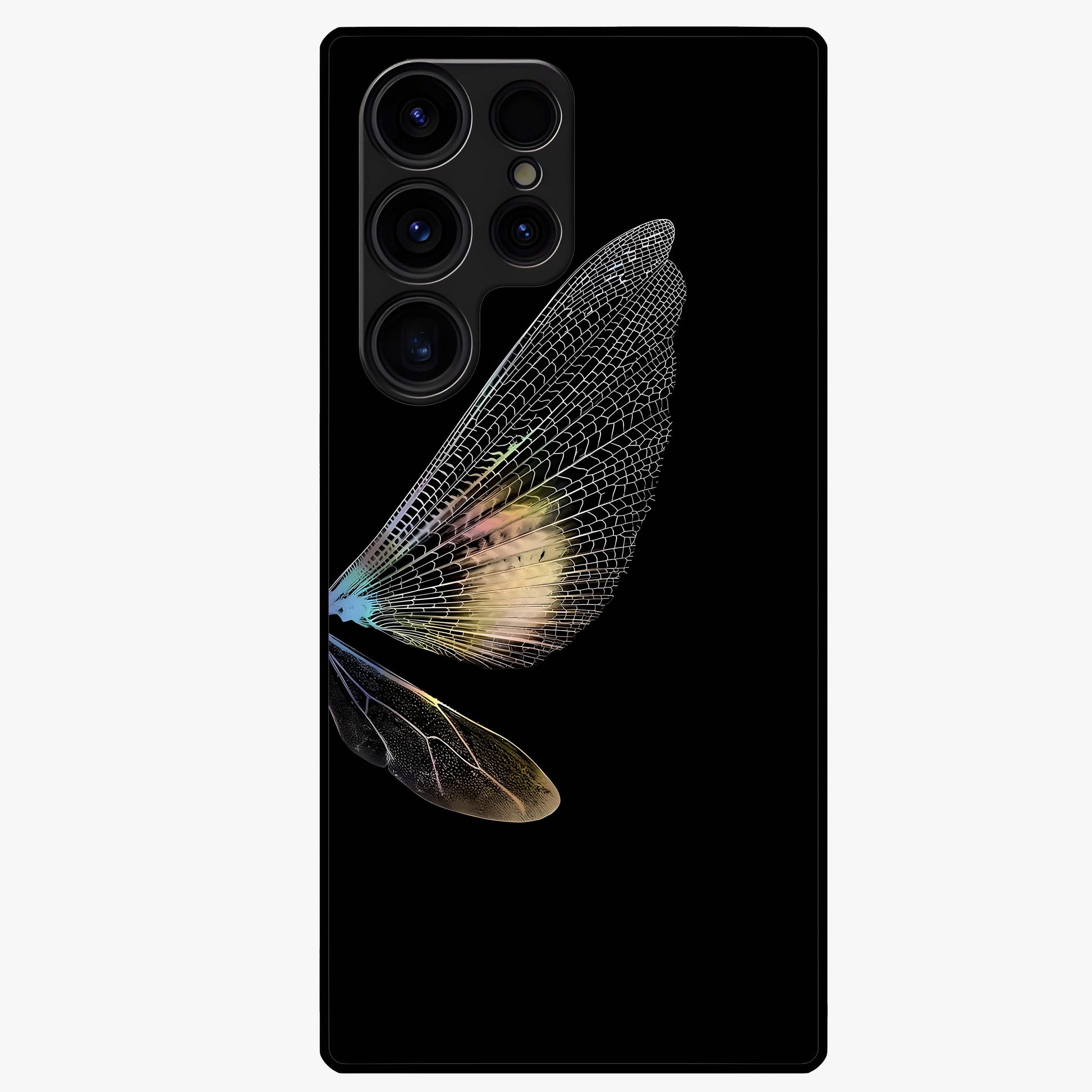 Whispers Of Wings Glass Case showing flat back view with graceful wing inspired artwork and glossy glass finish.
