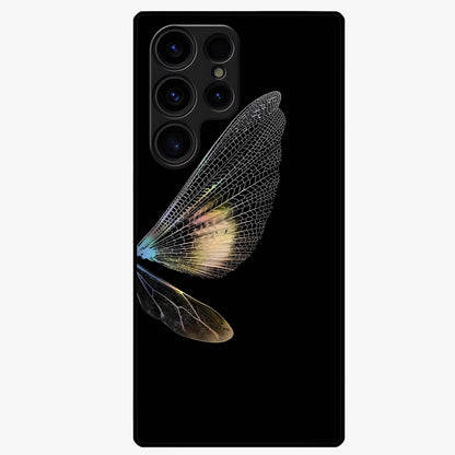 Whispers Of Wings Glass Case showing flat back view with graceful wing inspired artwork and glossy glass finish.
