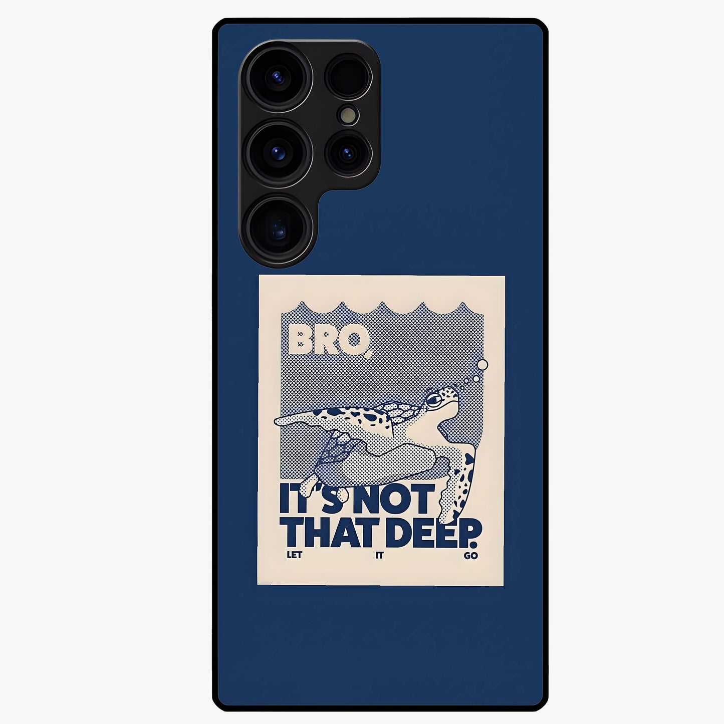 Worry Less Swim Glass Case showing flat back view with playful motivational artwork and glossy glass finish.