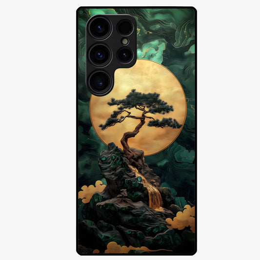 Zen Moon Rise Glass Case showing flat back view with calm moonrise artwork and glossy glass finish.