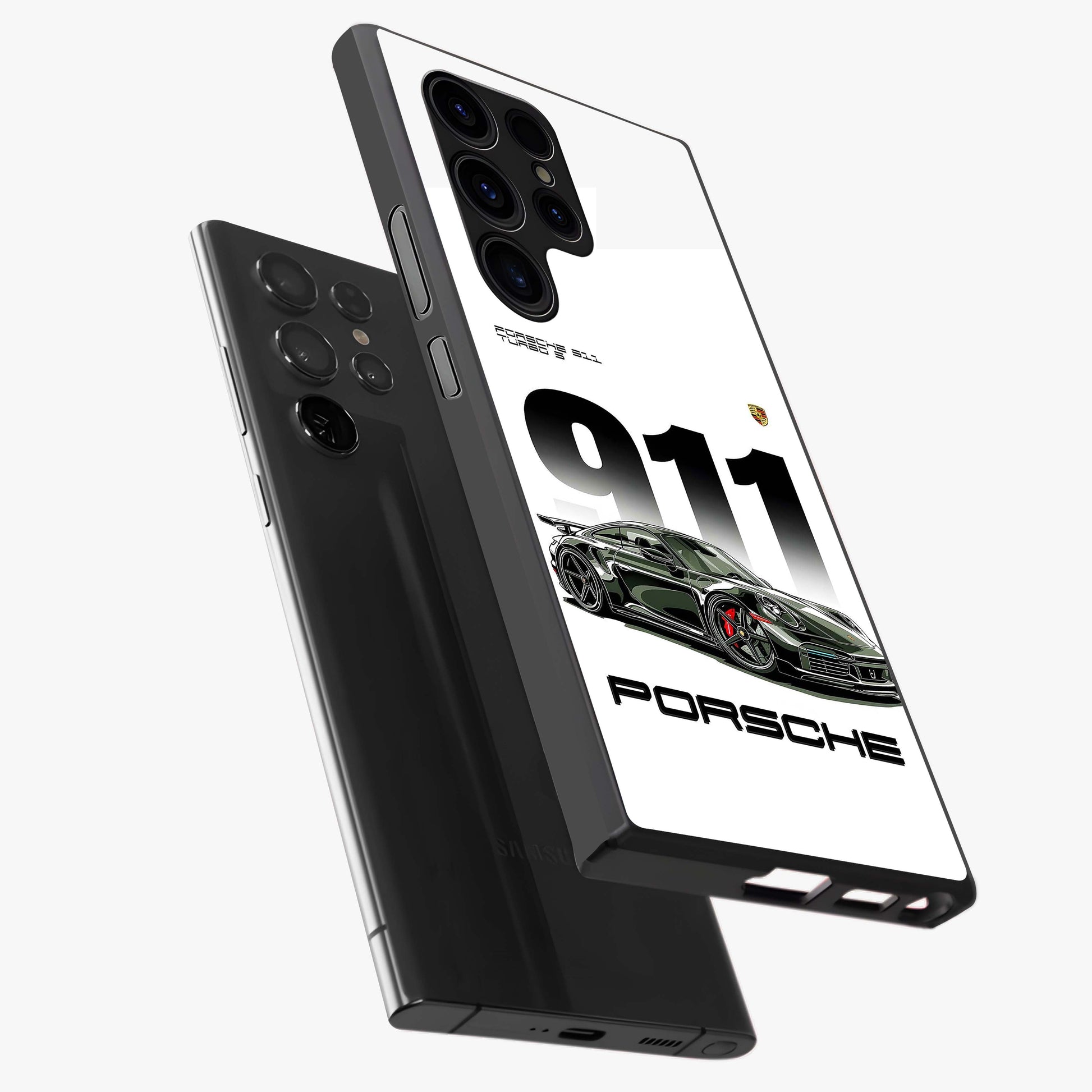 911 Turbo Dominance Glass Case displayed in premium angled mockup highlighting sporty car illustration and sleek glass surface.