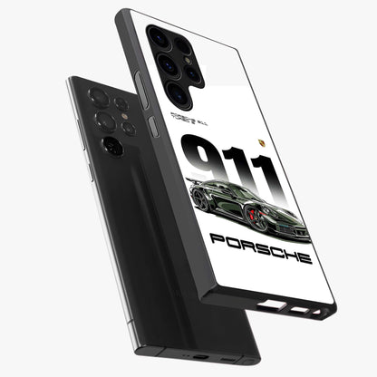 911 Turbo Dominance Glass Case displayed in premium angled mockup highlighting sporty car illustration and sleek glass surface.