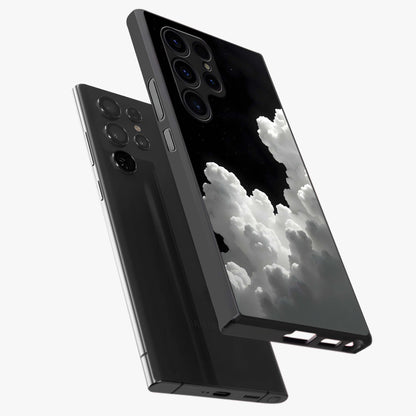 Black Background With White Cloud Glass Case displayed in angled mockup highlighting soft white cloud illustration and minimal design.