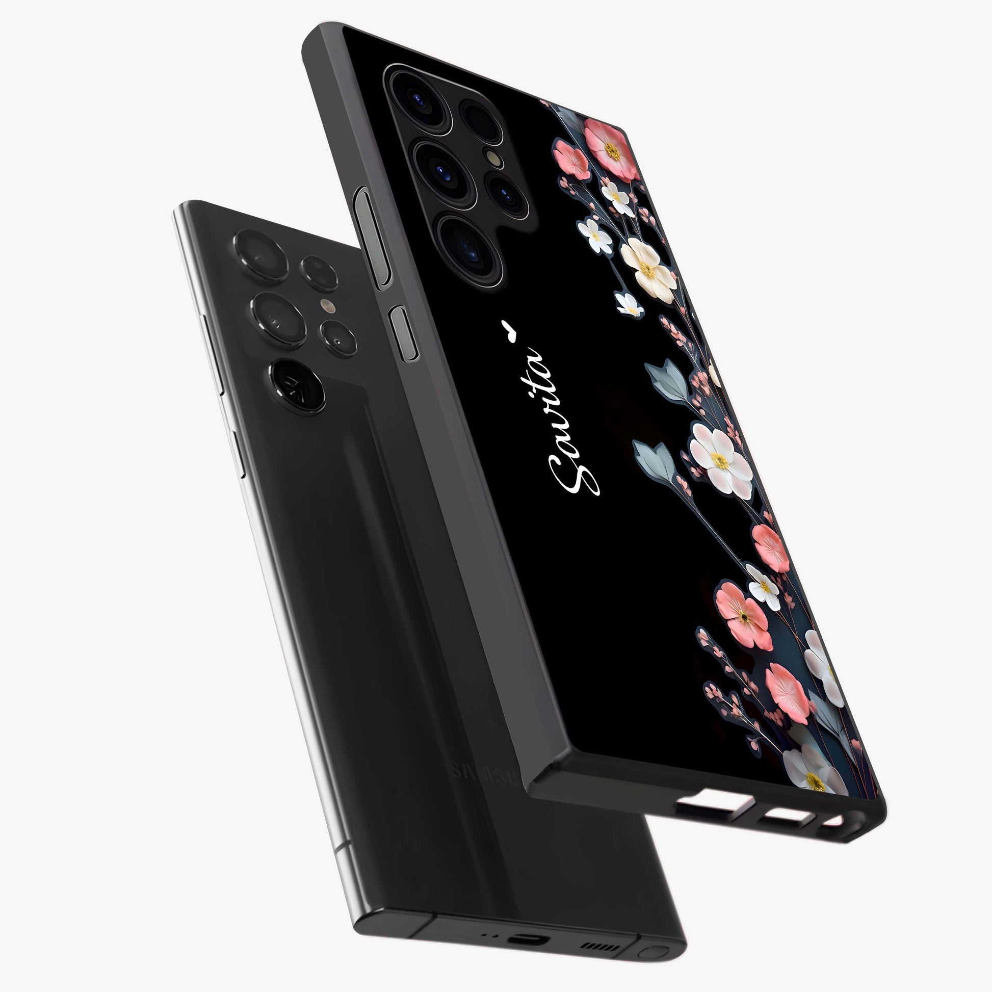 Black Elegance Floral Custom Name Glass Case displayed in angled mockup highlighting dark floral aesthetic and custom name feature.