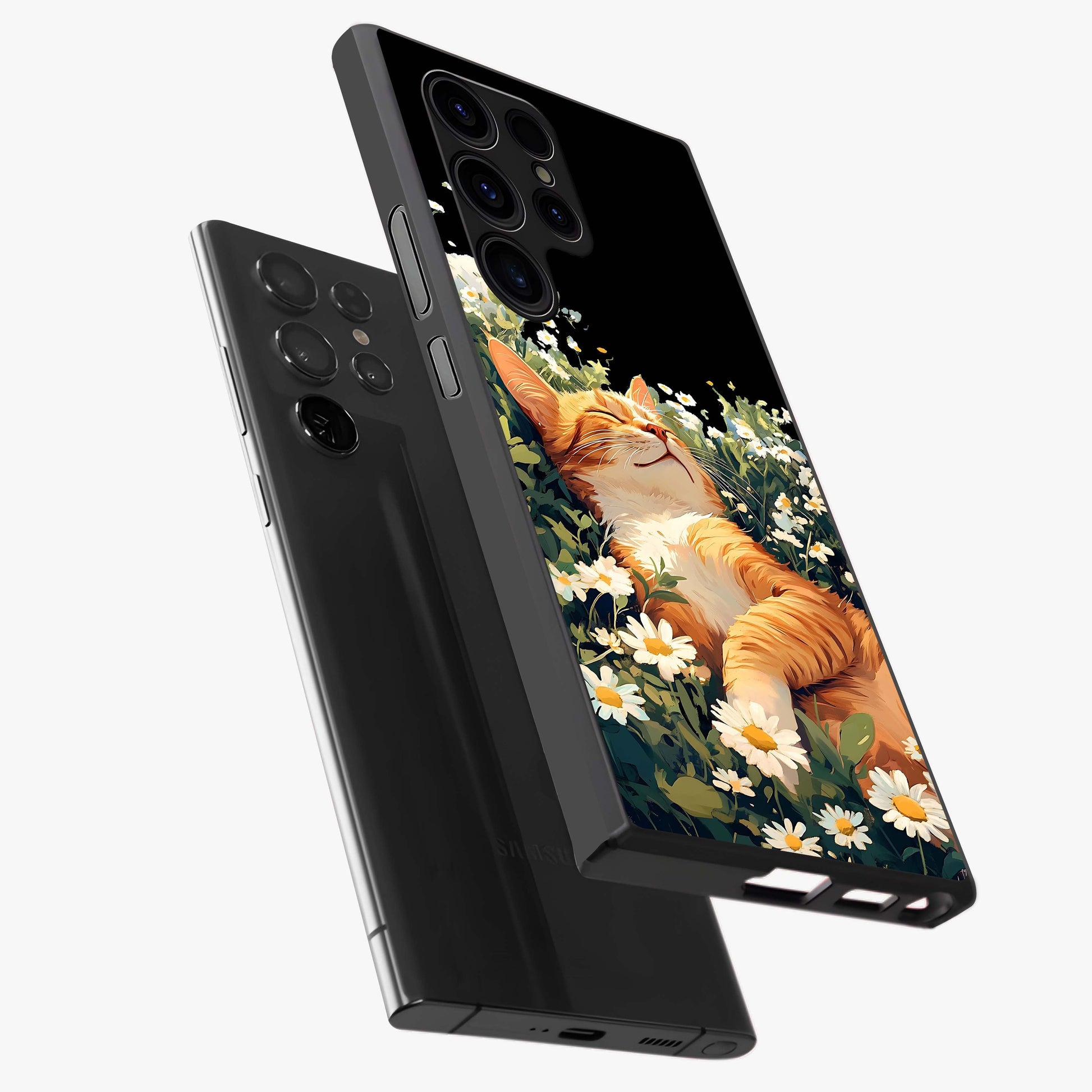 Blissful Bloom Cat Glass Case displayed in angled mockup highlighting playful feline illustration with soft floral aesthetic.