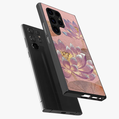 Blossom Mist Lotus Glass Case displayed in angled mockup highlighting delicate lotus illustration with calm aesthetic theme.